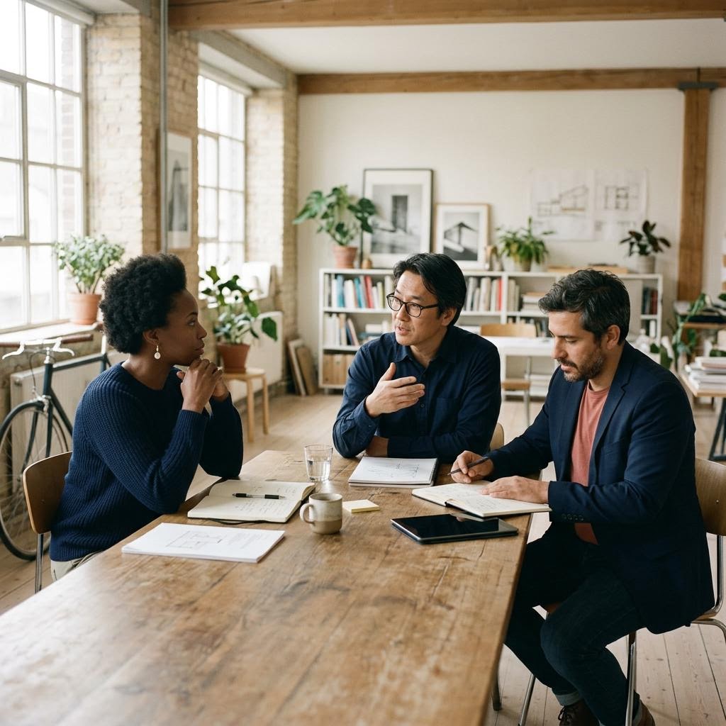Colleagues in a thoughtful working conversation